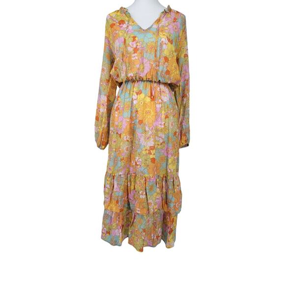 Show Me Your Mumu Women's Cait Midi Dress Groovy Blooms Floral Boho‎ Ruffle Sz M - Picture 2 of 10